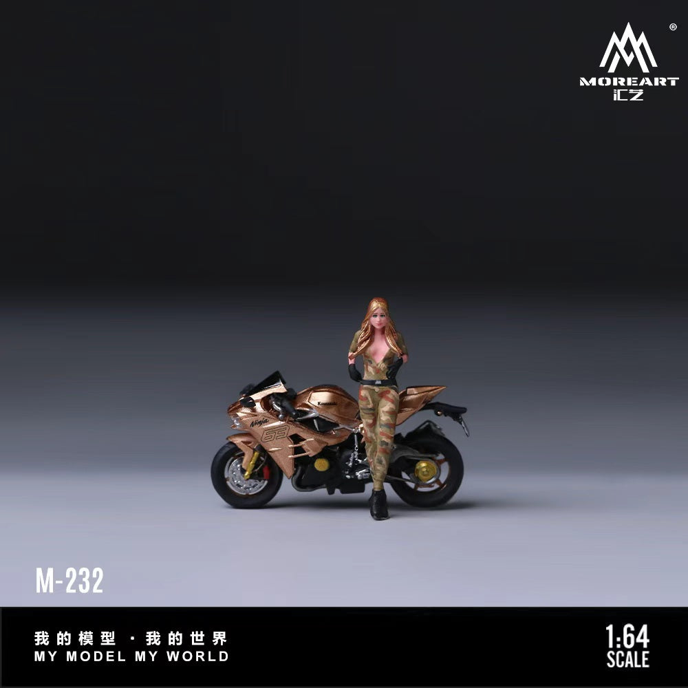 [Preorder] MoreArt 1:64 Kawasaki Golden 63 camouflage outfit for blonde female motorcycle figurine set MO222232
