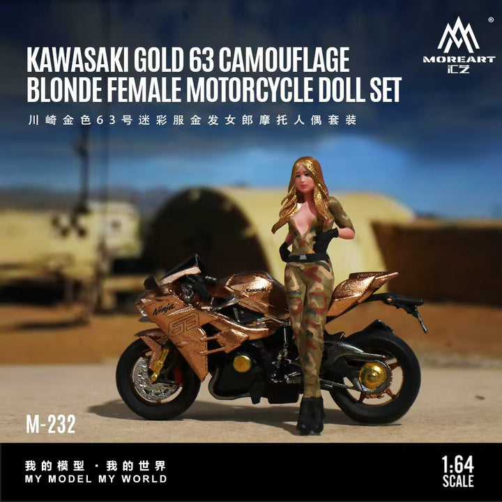 [Preorder] MoreArt 1:64 Kawasaki Golden 63 camouflage outfit for blonde female motorcycle figurine set MO222232