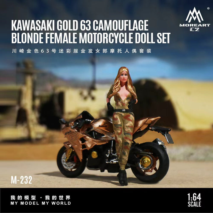 [Preorder] MoreArt 1:64 Kawasaki Golden 63 camouflage outfit for blonde female motorcycle figurine set MO222232