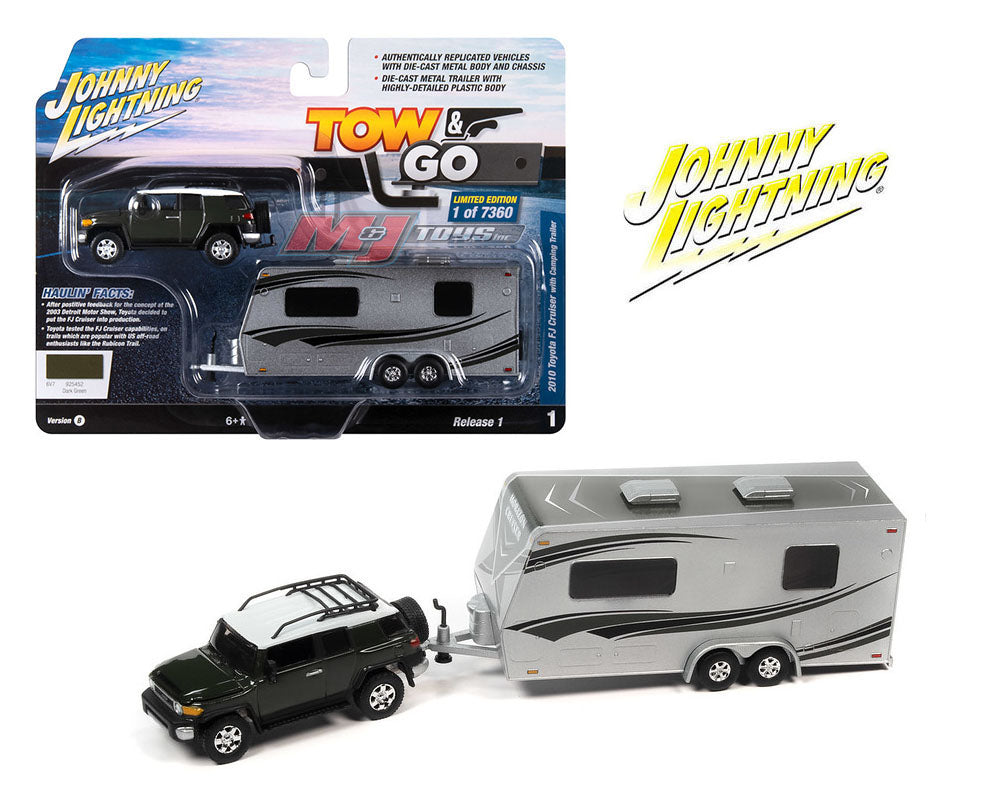 Johnny Lightning 1:64 Tow & Go 2023 Release 1 Version B 2010 Toyota FJ Cruiser W/ Camper Trailer – Green