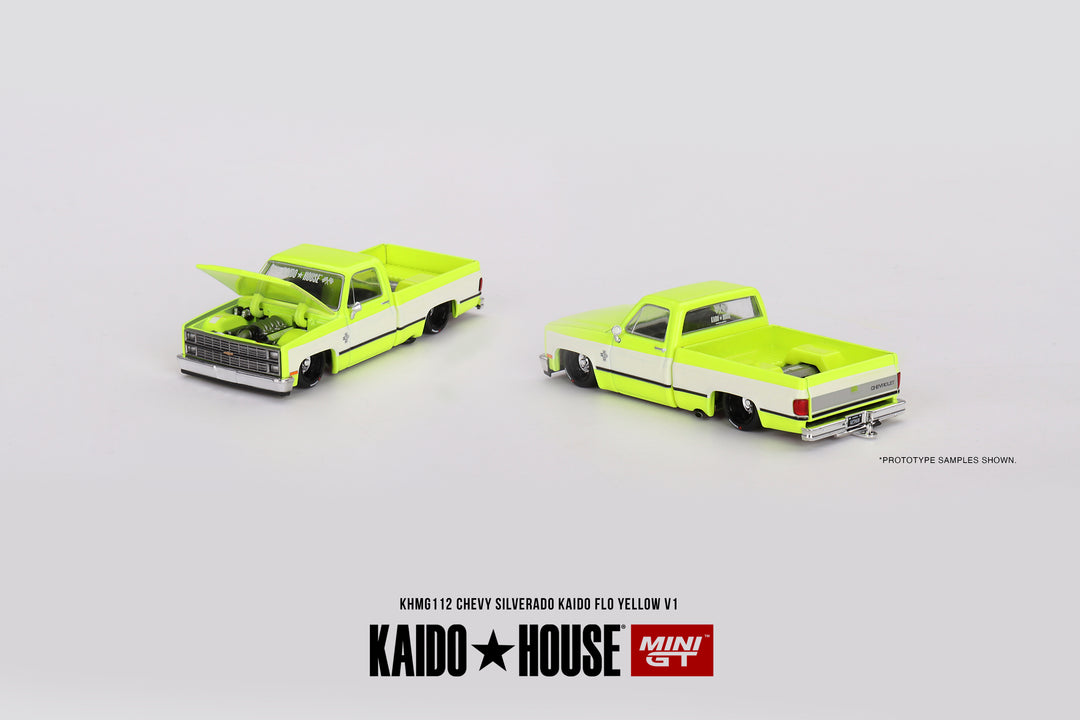 Kaido House + Mini GT 1:64 Chevrolet Silverado KAIDO Flo Yellow V1 KHMG112