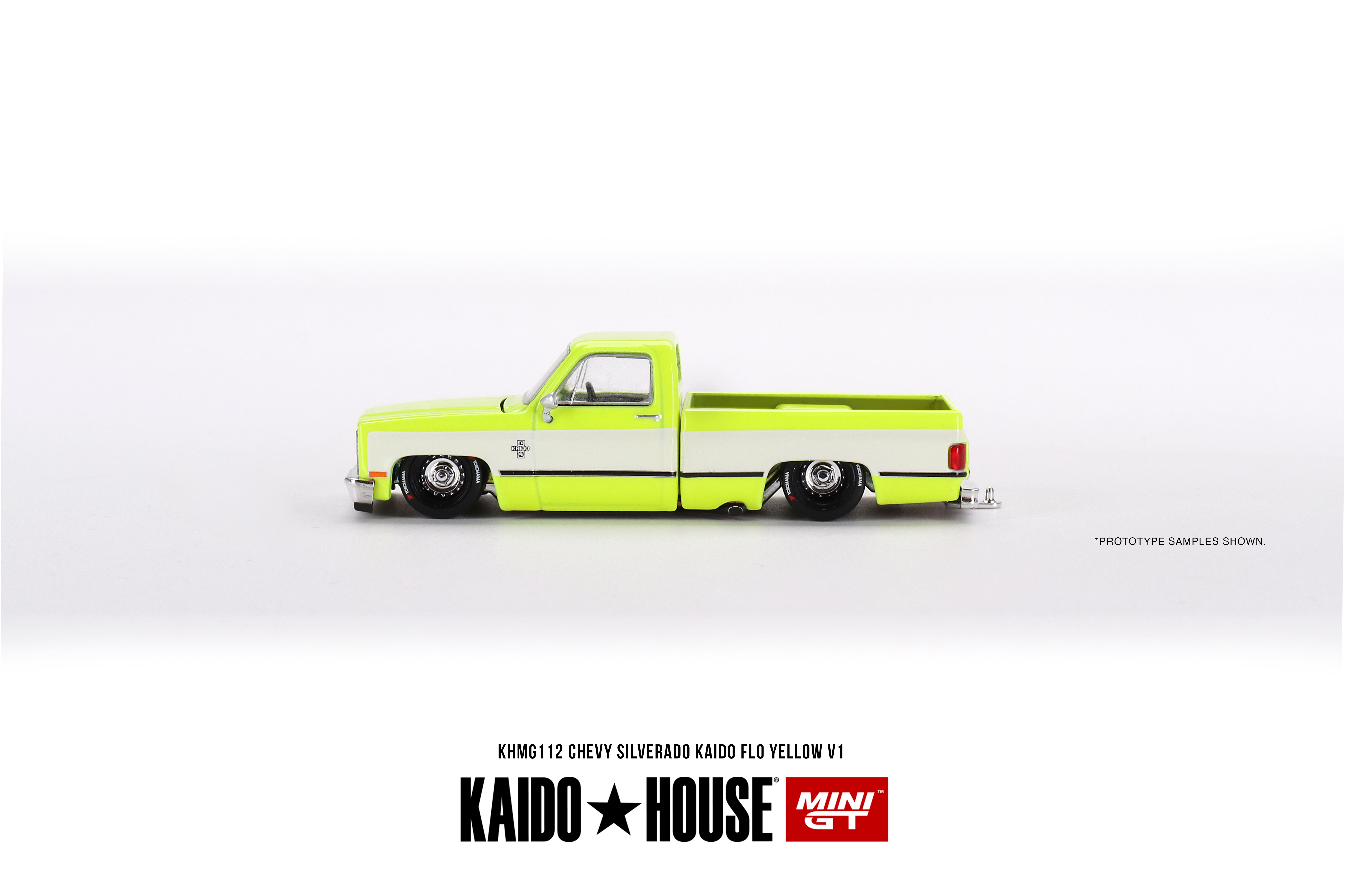 Kaido House + Mini GT 1:64 Chevrolet Silverado KAIDO Flo Yellow V1