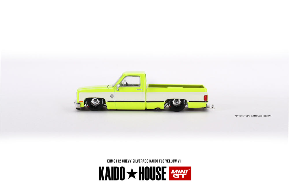 Kaido House + Mini GT 1:64 Chevrolet Silverado KAIDO Flo Yellow V1 KHMG112