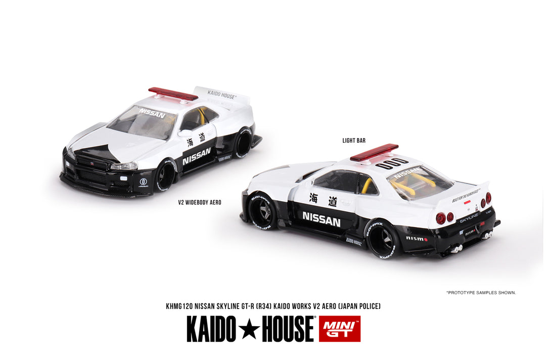 Kaido House + Mini GT 1:64 Nissan Skyline GT-R R34 Kaido Works (V2 Aero) Police KHMG120