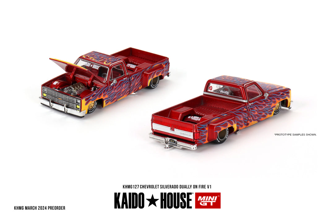 Kaido House + Mini GT Chevrolet Silverado Dually on Fire V1 KHMG127