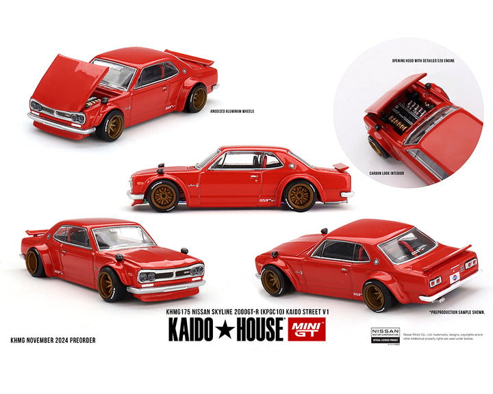 Kaido House x Mini GT 1:64 Nissan Skyline 2000GT-R (KPGC10) Kaido Street V1- Red KHMG175