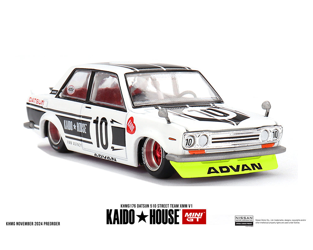 Kaido House x Mini GT 1:64 Datsun 510 Street Team XMM V1 - White KHMG176