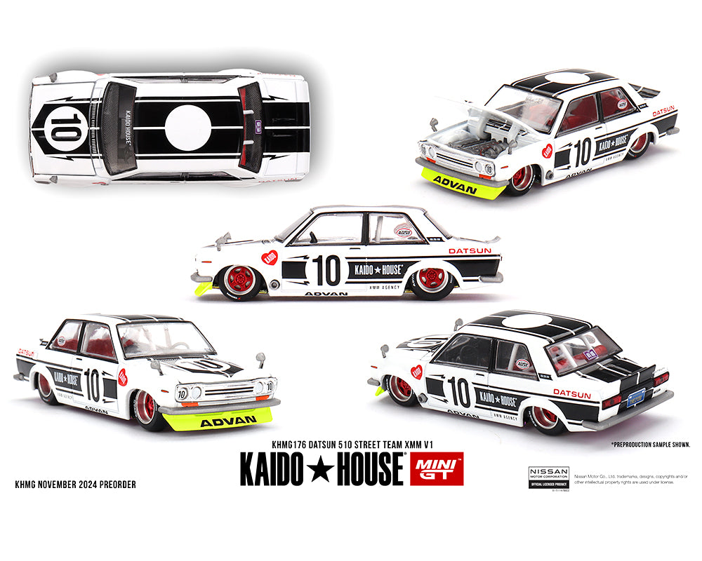 Kaido House x Mini GT 1:64 Datsun 510 Street Team XMM V1 - White KHMG176