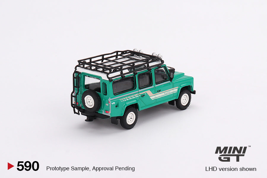 Mini GT 1:64 Land Rover Defender 110 1985 County Station Wagon Trident Green MGT00590 Rear