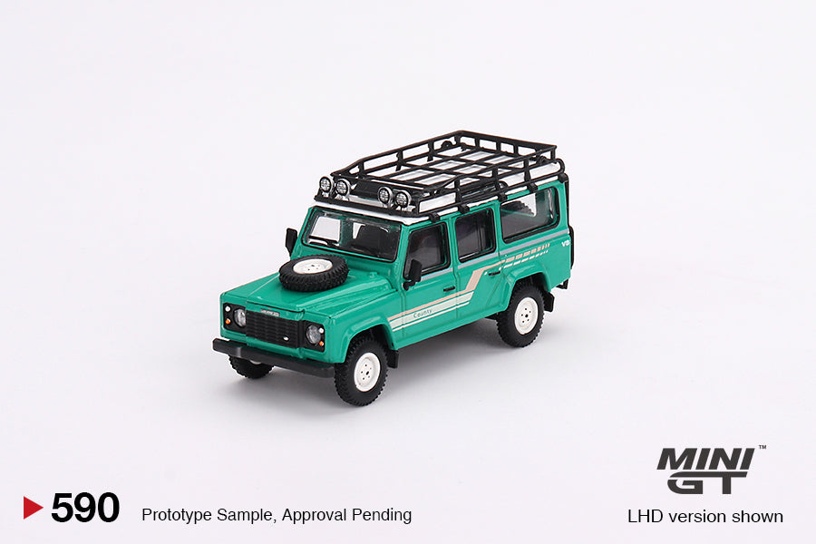 Mini GT 1:64 Land Rover Defender 110 1985 County Station Wagon Trident Green MGT00590