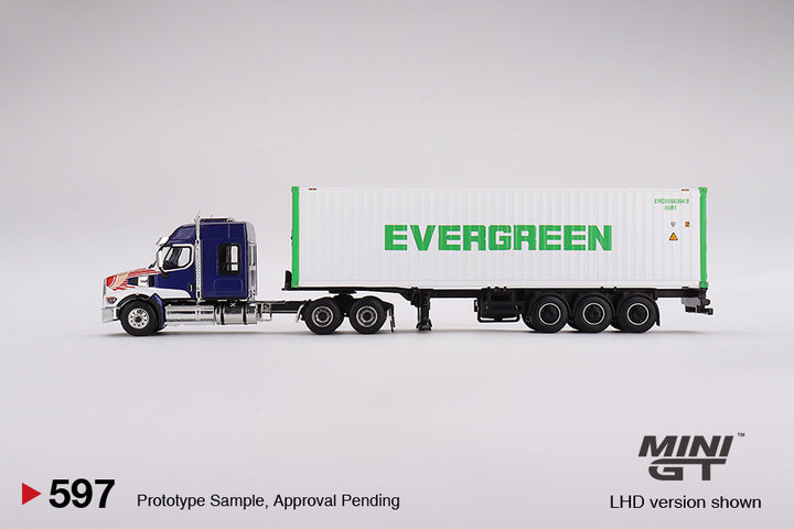 Mini GT 1:64 Western Star 49X Blue w/ 40' Reefer Container “EVERGREEN" Side MGT00597-L