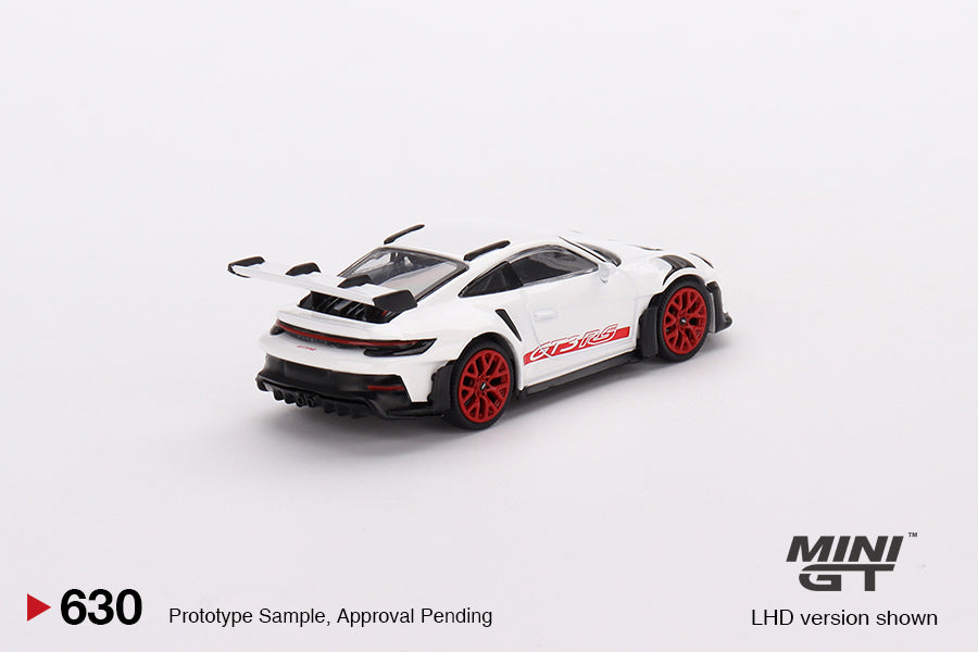 Mini GT 1:64 Porsche 911 (992) GT3 RS White with Pyro Red Accent Package MGT00630 Rear