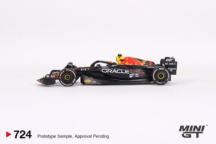 Mini GT 1:64 Oracle Red Bull Racing RB19 #1 Max Verstappen 2023 F1 2023 Bahrain GP Winner MGT00724 side