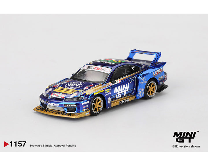 [Preorder] Mini GT 1:64 Nissan LB-Super Silhouette S15 SILVIA #555 Team MINI GT Liberty Walk 2025 Formula Drift – Chrome Blue MGT01157-BL