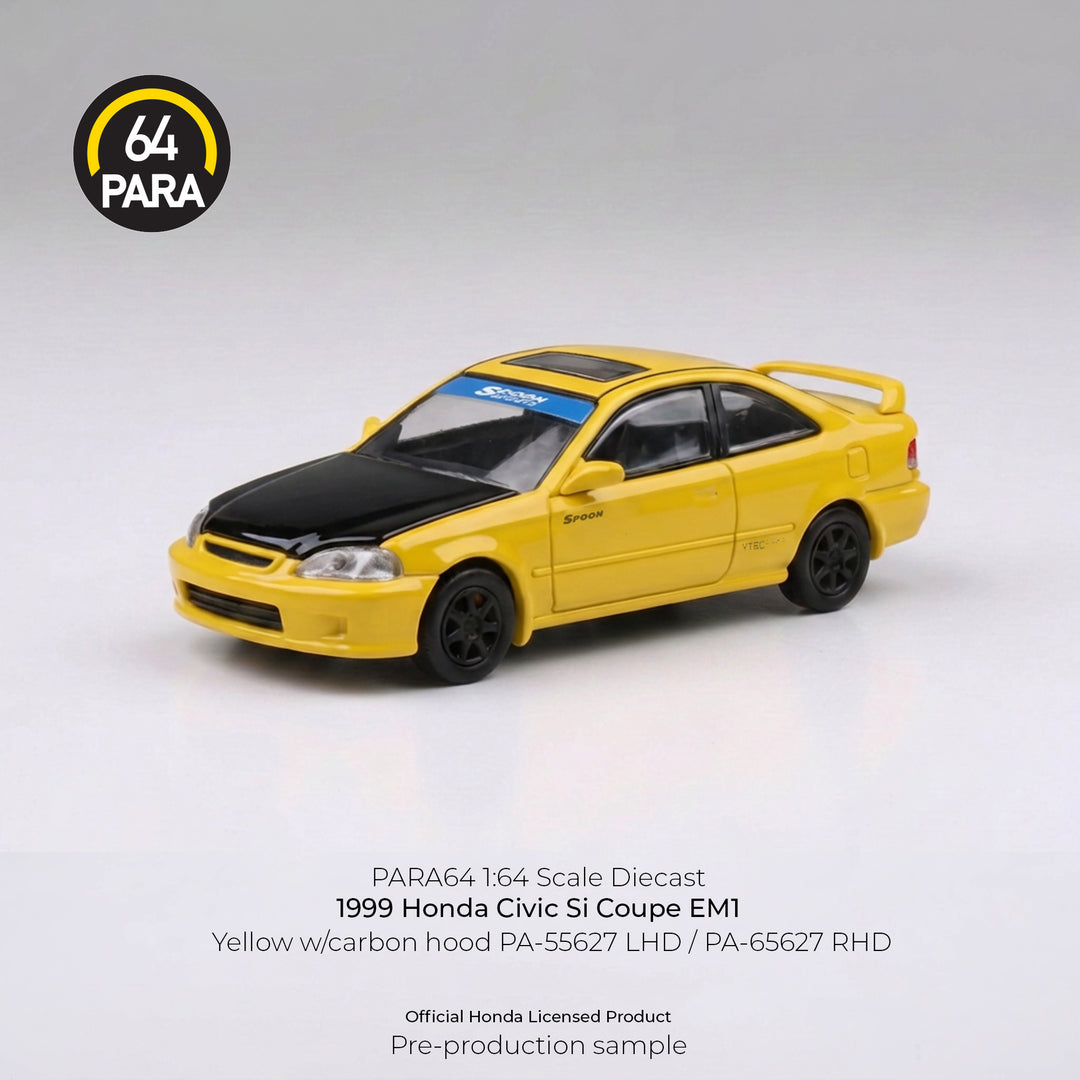 [Preorder] PARA64 1:64 1999 Honda Civic Si Coupe EM1 Yellow w/Carbon hood LHD PA-55627