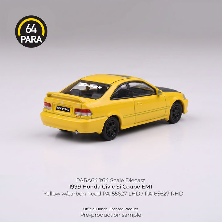 [Preorder] PARA64 1:64 1999 Honda Civic Si Coupe EM1 Yellow w/Carbon hood LHD PA-55627