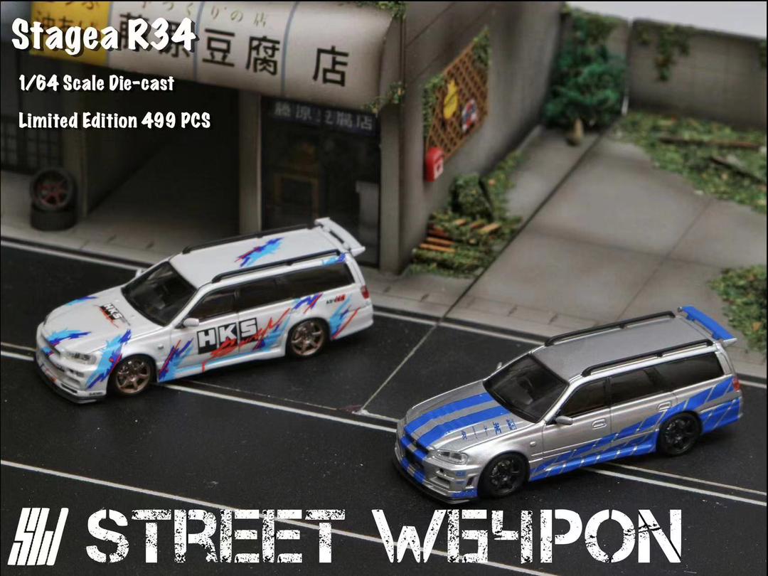 Street Weapon 1:64 Nissan Stagea R34 Speed Silver / White HKS