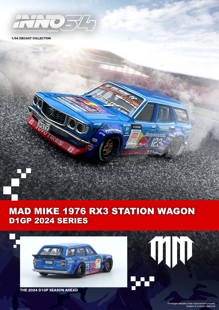 [Preorder] Inno64 1:64 Mad Mike 1976 Mazda RX3 Station Wagon D1GP Series 2024 IN64-RX3P-D1GP24