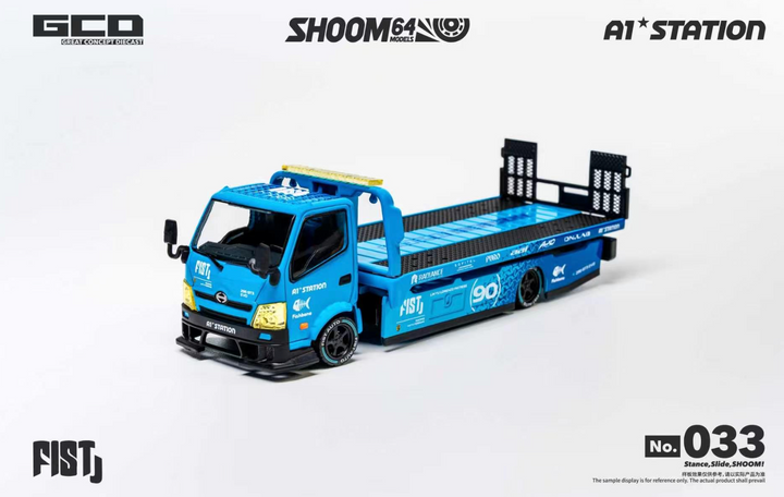 [Preorder] GCD x FIST x A1-STATION x Shoom64 1:64 LBWK MITSUBISHI FUSO SUPER GREAT and HINO 300 Custom Drop-Bed Car Carrier (2 Versions)