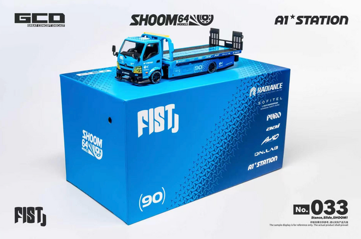 [Preorder] GCD x FIST x A1-STATION x Shoom64 1:64 LBWK MITSUBISHI FUSO SUPER GREAT and HINO 300 Custom Drop-Bed Car Carrier (2 Versions)