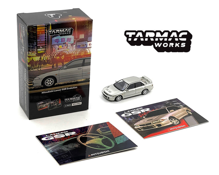 Tarmac Works 1:64 Mitsubishi Lancer GSR Evolution Silver Special Edition with Tarmac Cards T64G-048-SL