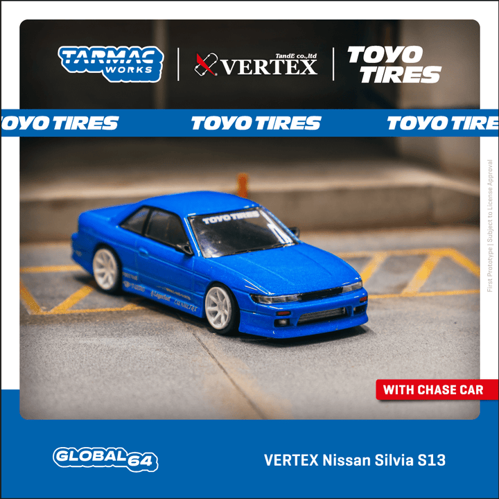 Tarmac Works 1:64 VERTEX Nissan Silvia S13 TOYO TIRES – Blue Metallic – Global64