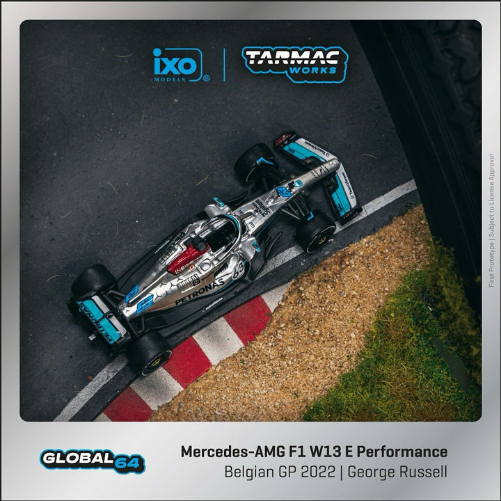 Tarmac Works 1:64 Mercedes-AMG F1 W13 E Performance Belgian Grand Prix 2022 George Russell Silver