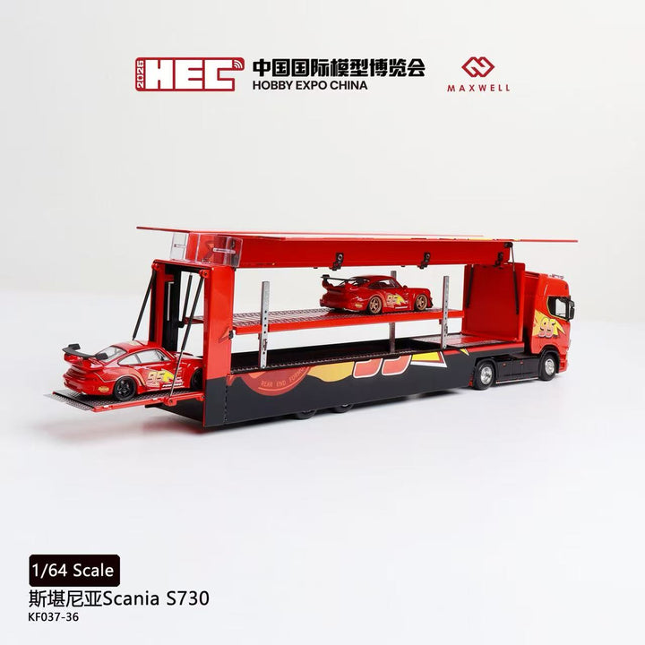 [Preorder] Kengfai &amp; MAXWELL 1:64 Scania S730 v8 Double Deck Enclosed Flying Wing Transporter - McQueen 95