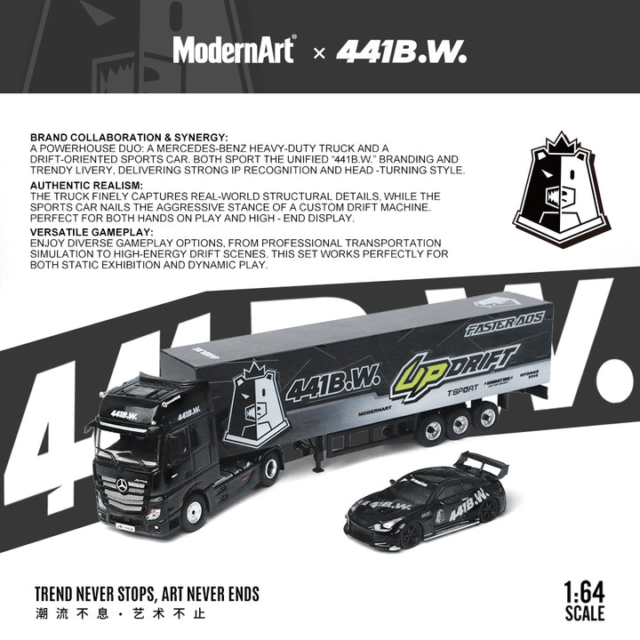 [Preorder] ModernArt 1:64 Nissan GTR35 &amp; Mercedes Actros Truck set (2 Versions) MD641530/MD641531