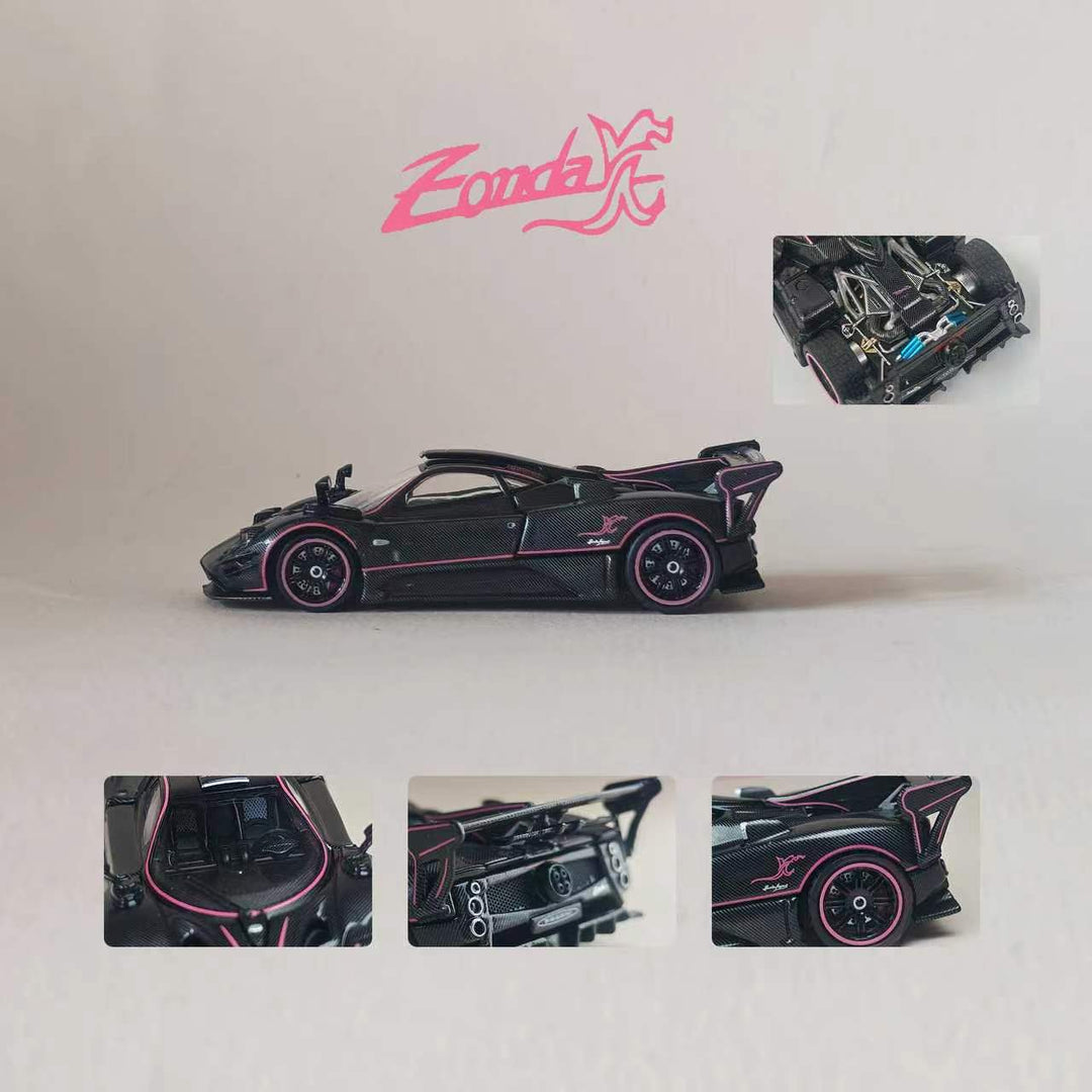 [Preorder] Rhino Model 1:64 Pagani One-off Series. Zonda JC (Full Black Carbon Fiber With Pink Stripes)