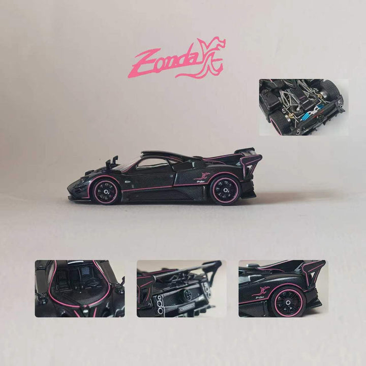 [Preorder] Rhino Model 1:64 Pagani One-off Series. Zonda JC (Full Black Carbon Fiber With Pink Stripes)
