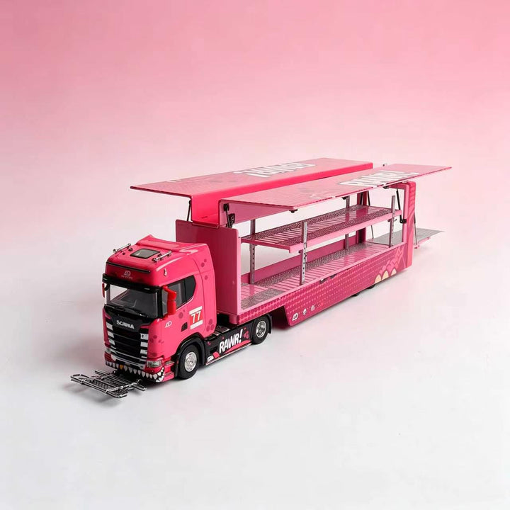 [Preorder] Kengfai &amp; MAXWELL 1:64 Scania S730 v8 Double Deck Enclosed Flying Wing Transporter - Pink Dinosaur