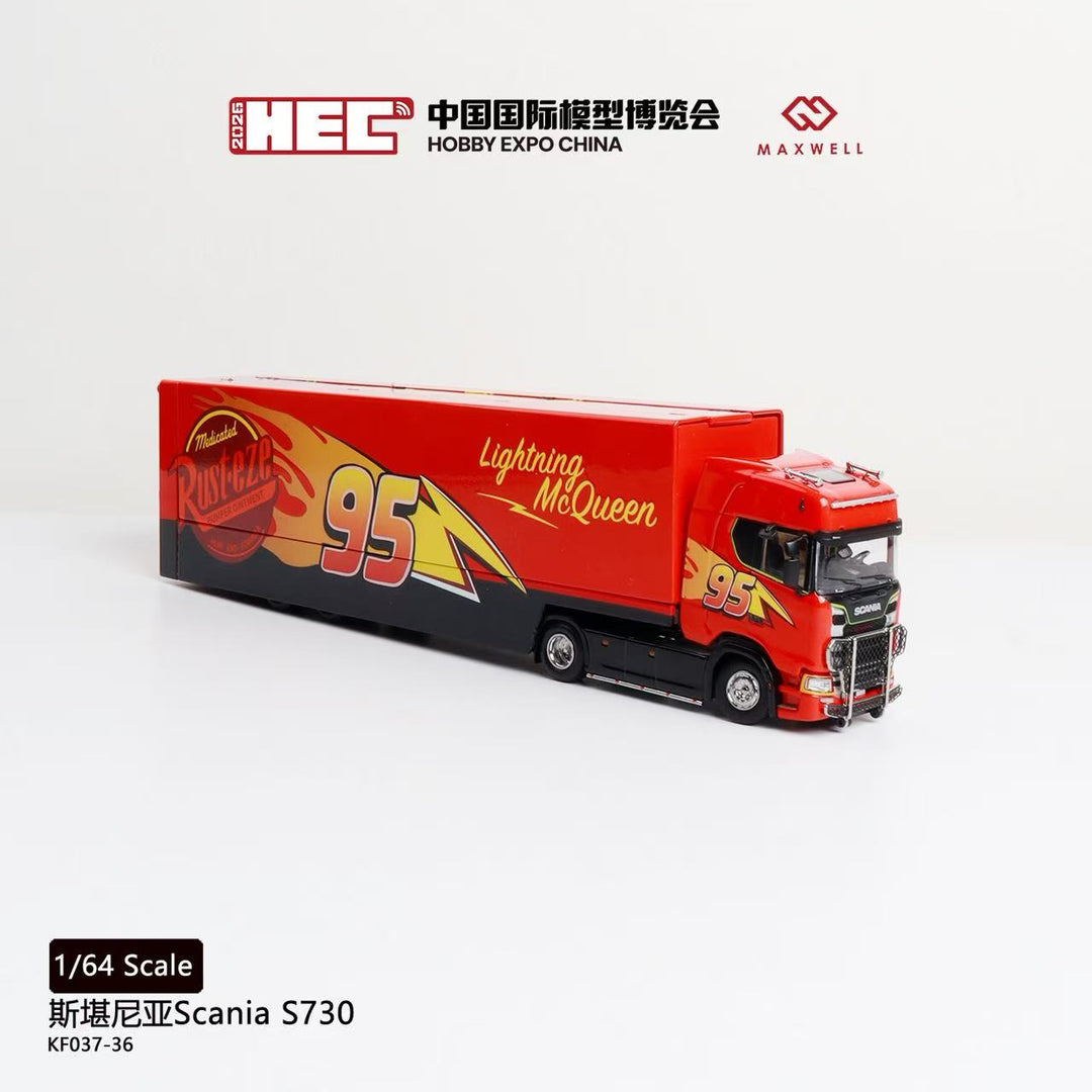 [Preorder] Kengfai &amp; MAXWELL 1:64 Scania S730 v8 Double Deck Enclosed Flying Wing Transporter - McQueen 95