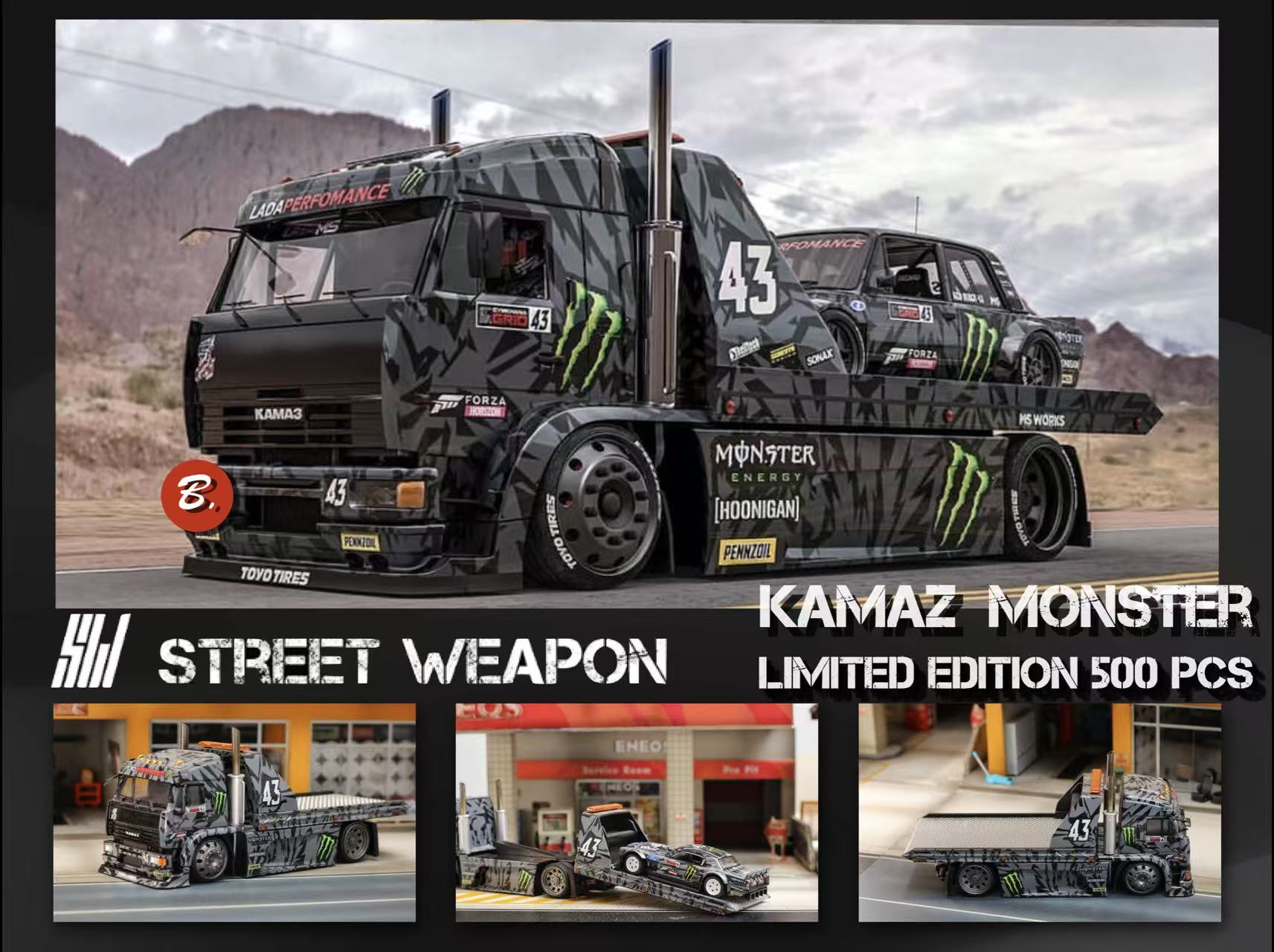 Preorder] Street Weapon 1:64 1965 Mustang and KamaZ Trailer