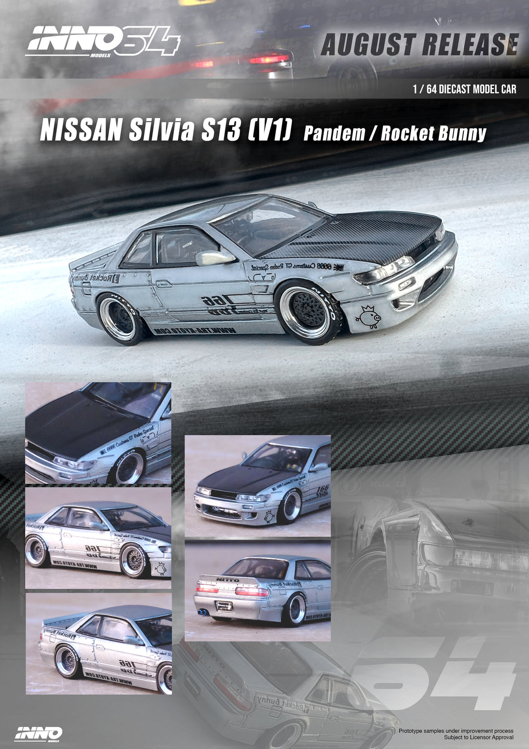 Inno64 1:64 Nissan Silvia (S13) V1 PANDEM ROCKET BUNNY Silver IN64-S13V1-SIL