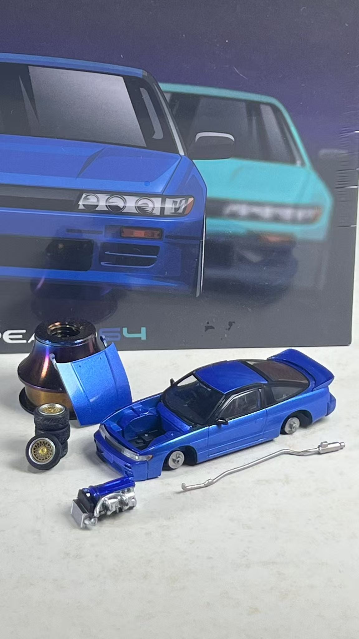 PEAKO 1/64 日産 シルエイティ RPS13 S13 イニシャルD Peako 1:64 Nissan Sileighty RPS13 S13 with Opening Hood Blue