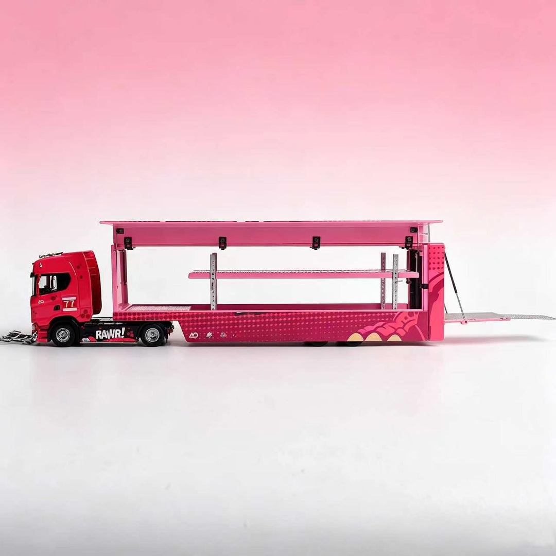 [Preorder] Kengfai &amp; MAXWELL 1:64 Scania S730 v8 Double Deck Enclosed Flying Wing Transporter - Pink Dinosaur