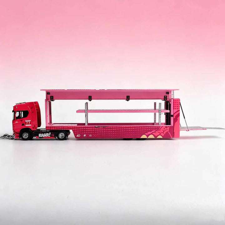 [Preorder] Kengfai &amp; MAXWELL 1:64 Scania S730 v8 Double Deck Enclosed Flying Wing Transporter - Pink Dinosaur