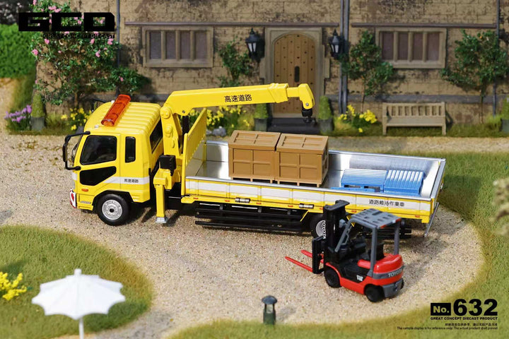 [Preorder] GCD 1:64 Mitsubishi Fuso crane Truck Yellow with Forklift KS-082-632