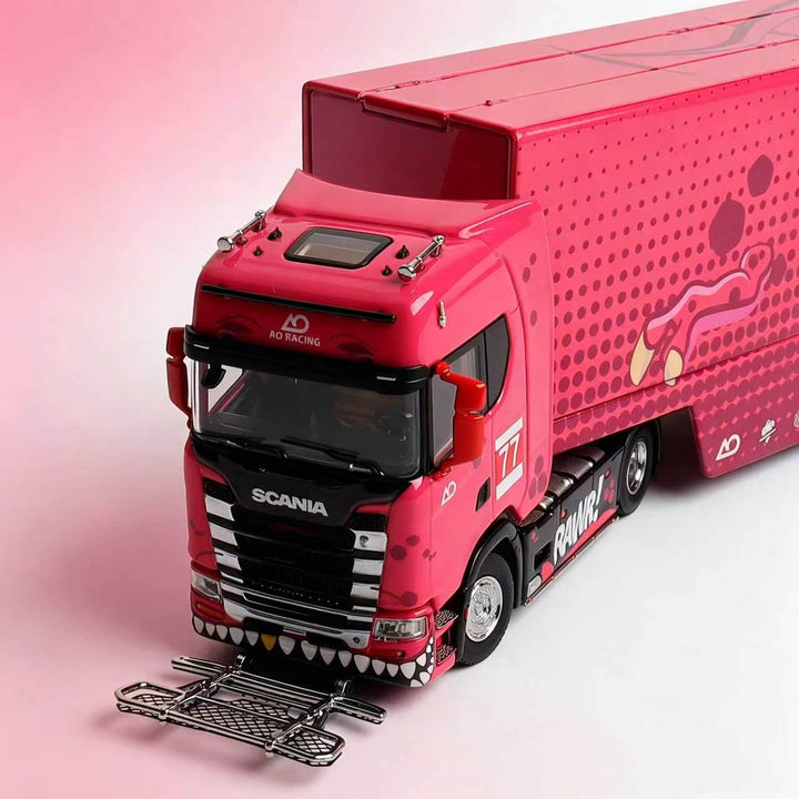 [Preorder] Kengfai &amp; MAXWELL 1:64 Scania S730 v8 Double Deck Enclosed Flying Wing Transporter - Pink Dinosaur