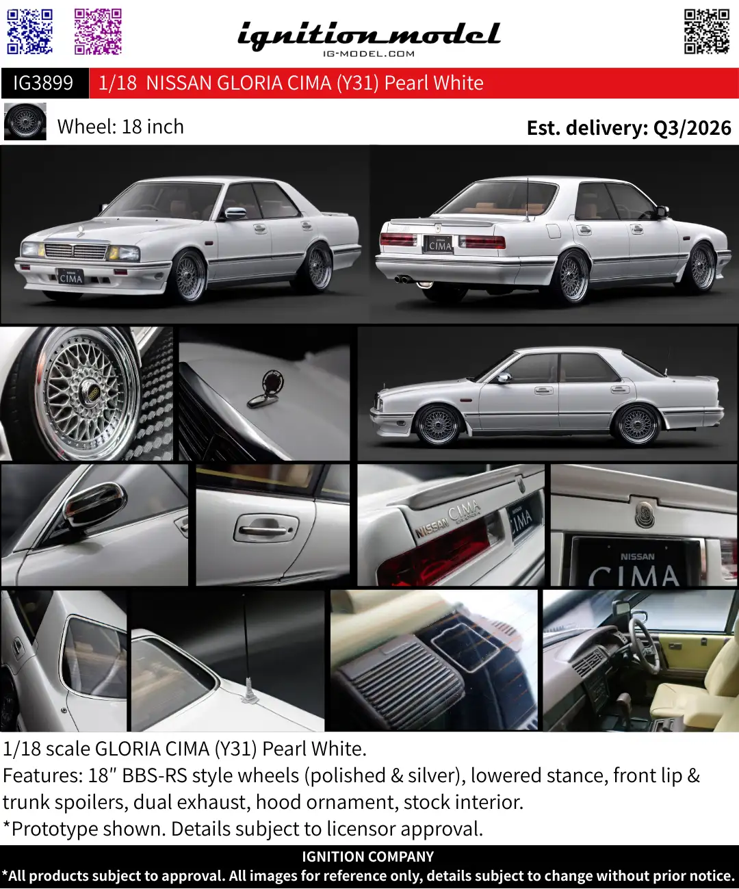 Ignition Model 1:18 NISSAN GLORIA CIMA (Y31) Pearl White IG3899