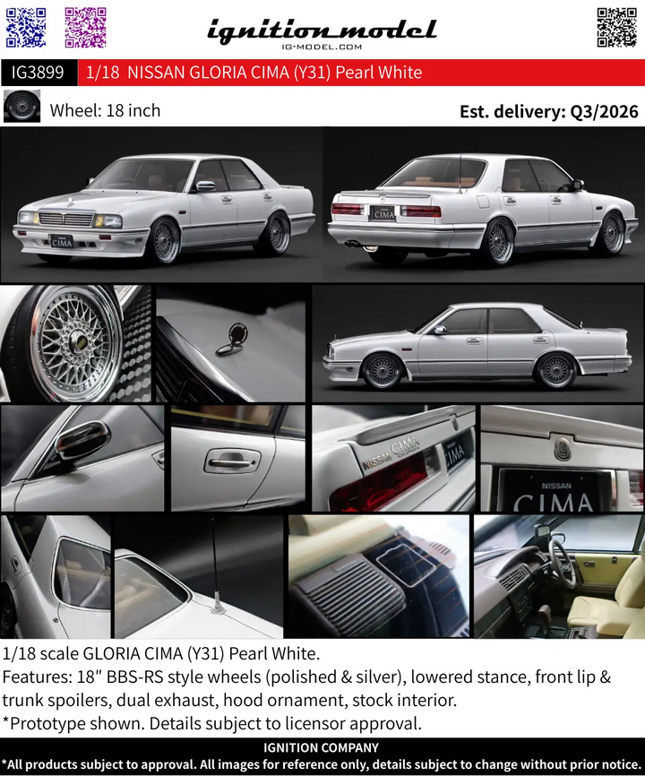 Ignition Model 1:18 NISSAN GLORIA CIMA (Y31) Pearl White IG3899
