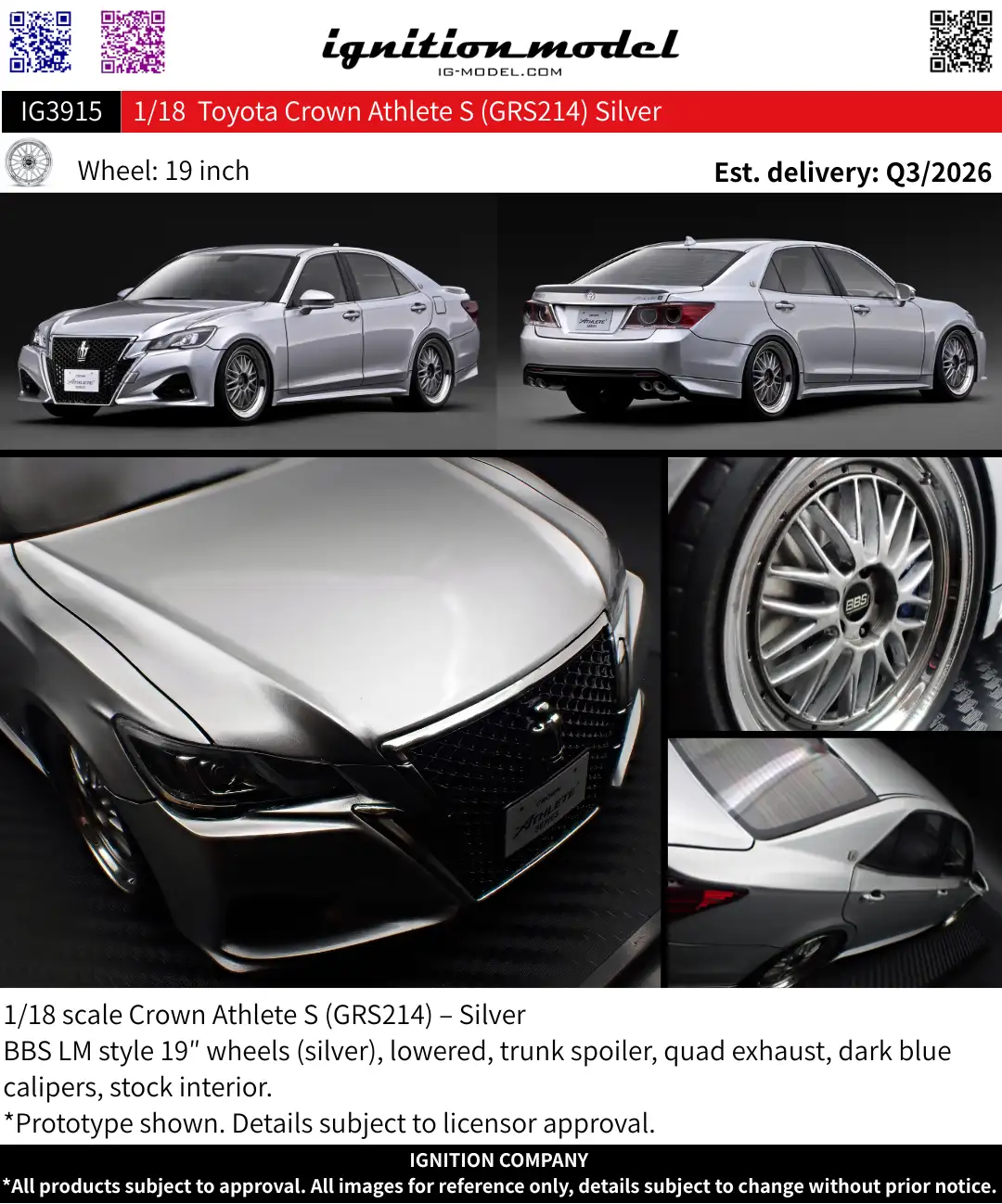 Ignition Model 1:18 Toyota Crown Athlete S (GRS214) Silver IG3915 Ignition Model 1:18 Toyota Crown Athlete S (GRS214) Silver IG3915