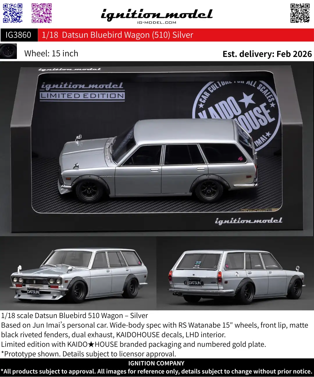 Ignition Model 1:18 Datsun Bluebird Wagon (510) Silver IG3860