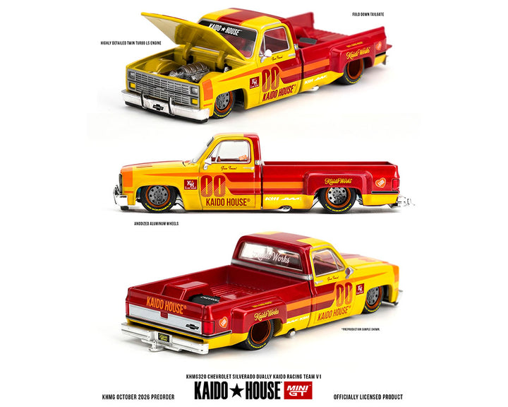 [Preorder] Kaido House x Mini GT 1:64 Chevrolet Silverado Dually Kaido Racing Team V1 – Yellow Red Two- Tone KHMG320
