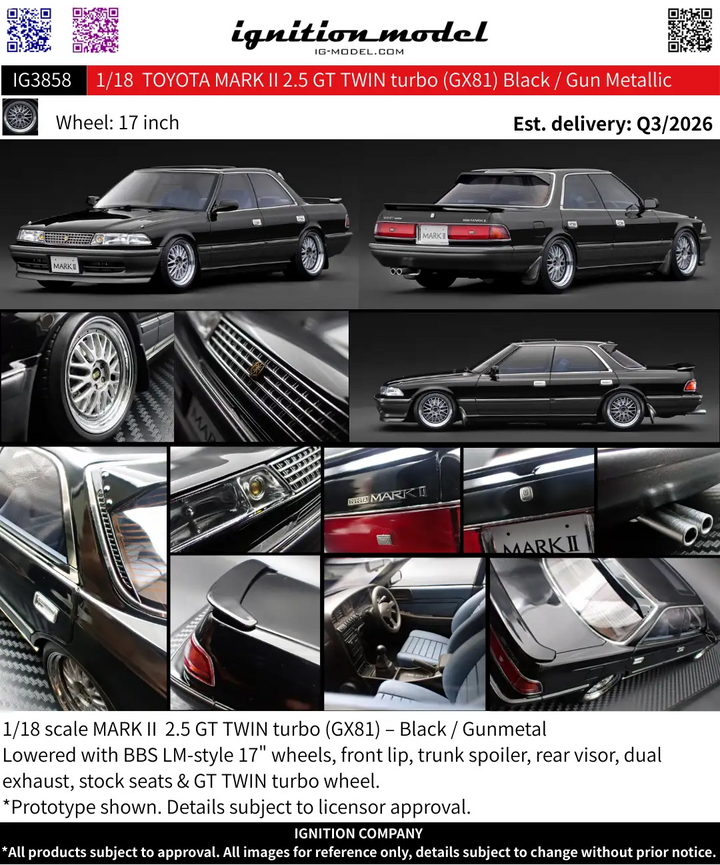Ignition Model 1:18 TOYOTA MARKⅡ2.5 GT TWIN turbo (GX81)  Black / Gun Metallic IG3858
