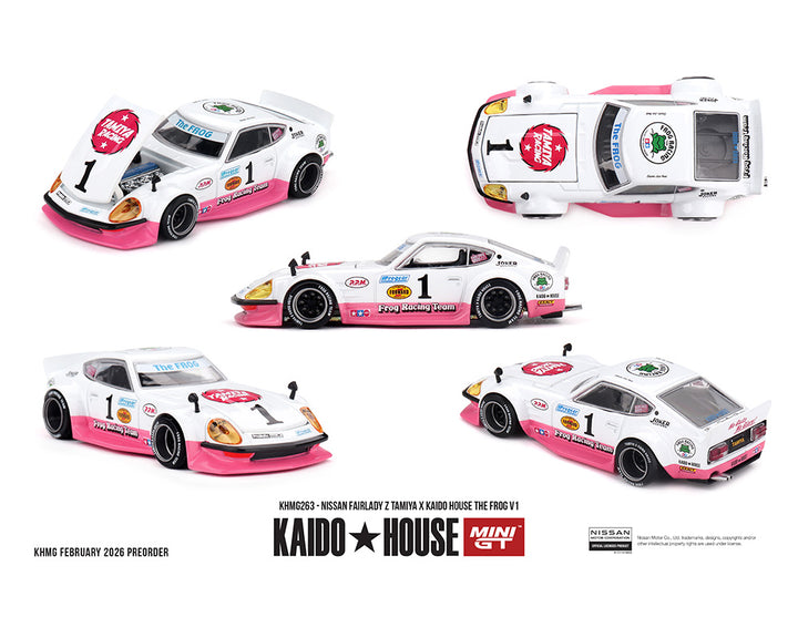 [Preorder]  Kaido House x Mini GT 1:64 Nissan Fairlady Z Tamiya x Kaido House The Frog V1 – White/Pink KHMG263