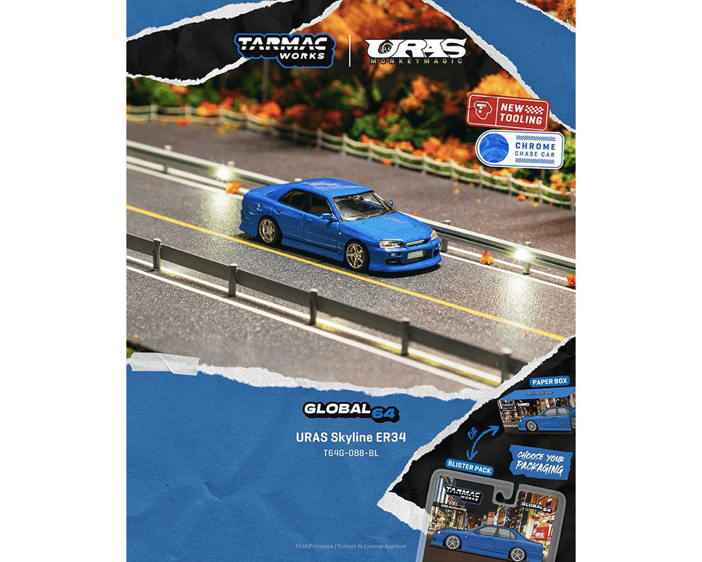 Preorder] Tarmac Works 1:64 URAS Skyline ER34 – Blue T64G-088-BL-B