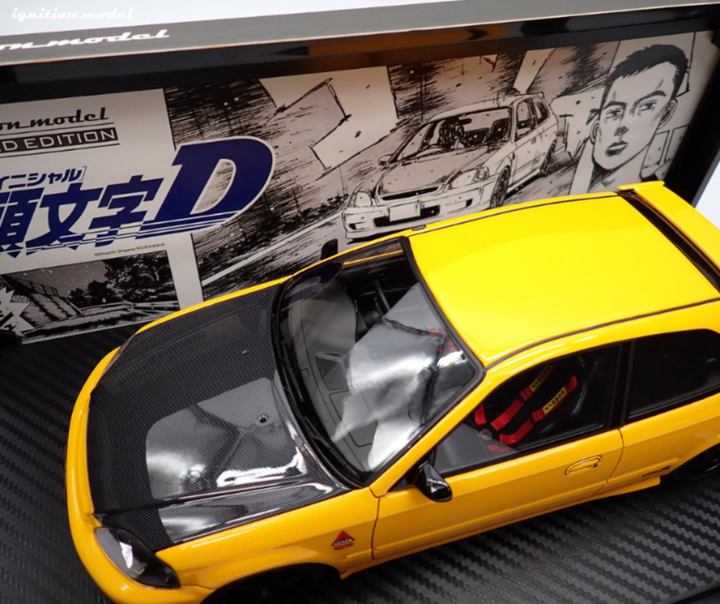 Ignition Model 1:18 INITIAL D Honda CIVIC (EK9) Type R Yellow *carbon bonnet