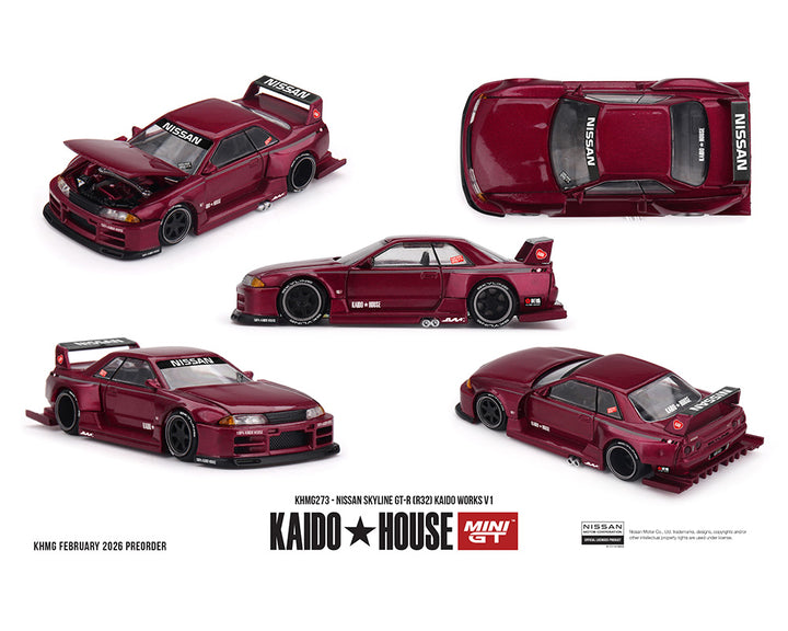 [Preorder] Kaido House x Mini GT 1:64 Nissan Skyline GT-R (R32) Kaido Works V1 – Burgundy Red KHMG273